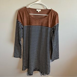 Umgee Navy & White Stripe Dress With Tan Panel-Sm